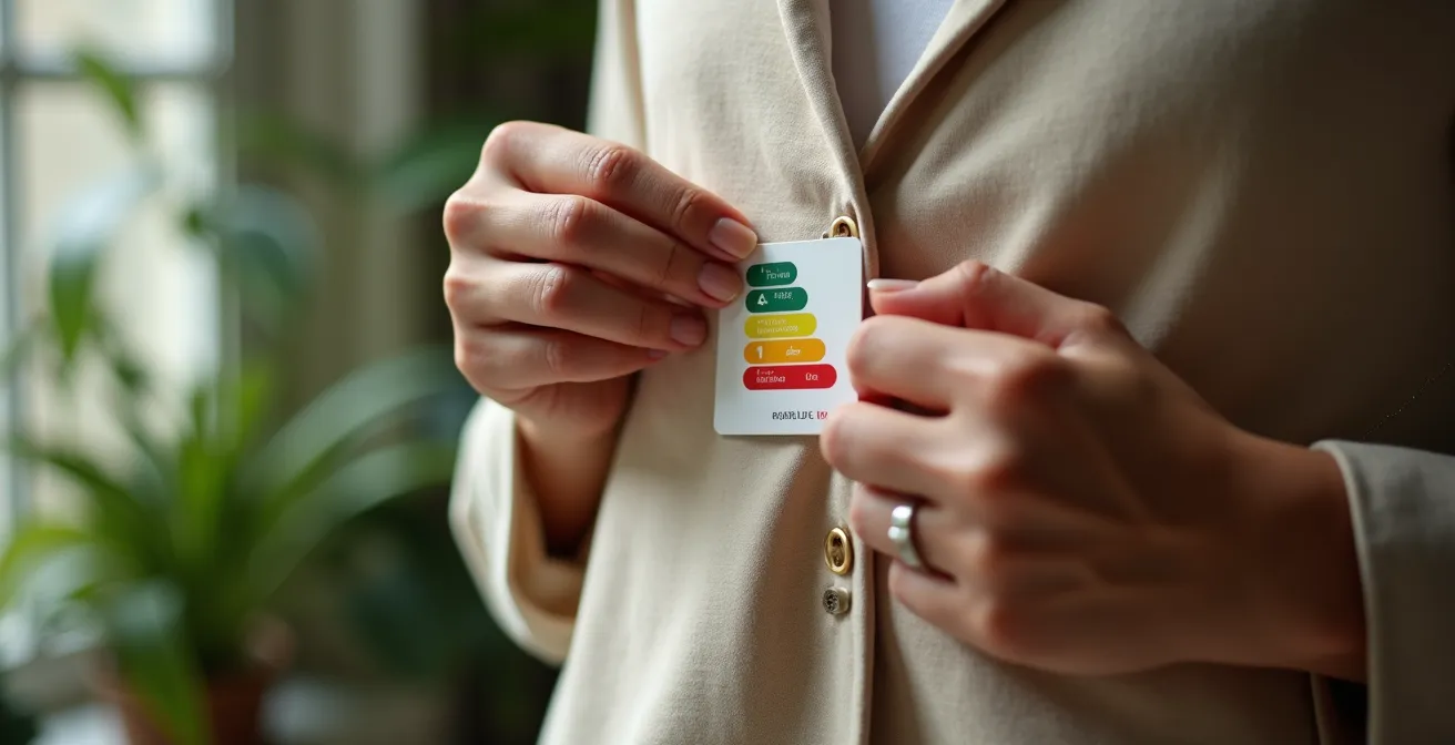 Étiquette de vêtement avec système de notation environnementale et mains examinant le tissu