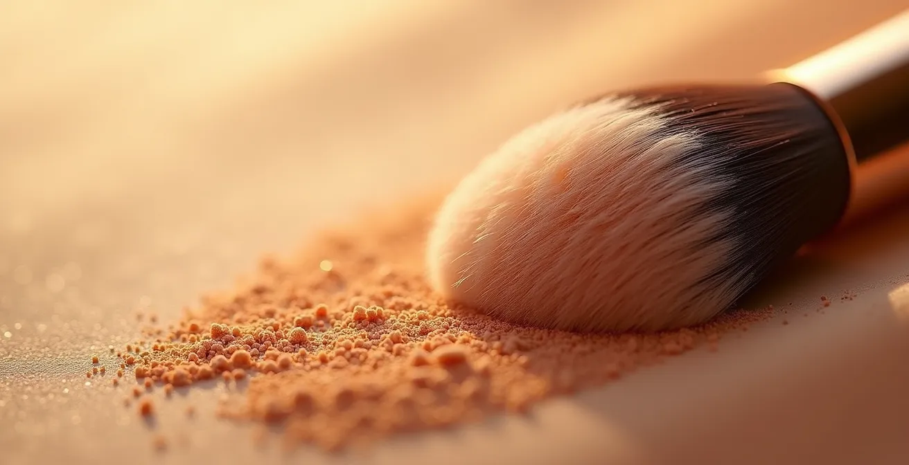 Gros plan sur l'application d'une poudre minérale avec un pinceau kabuki sur une joue