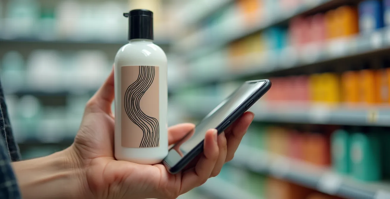 Main tenant un smartphone scannant une étiquette de produit capillaire dans une parapharmacie française