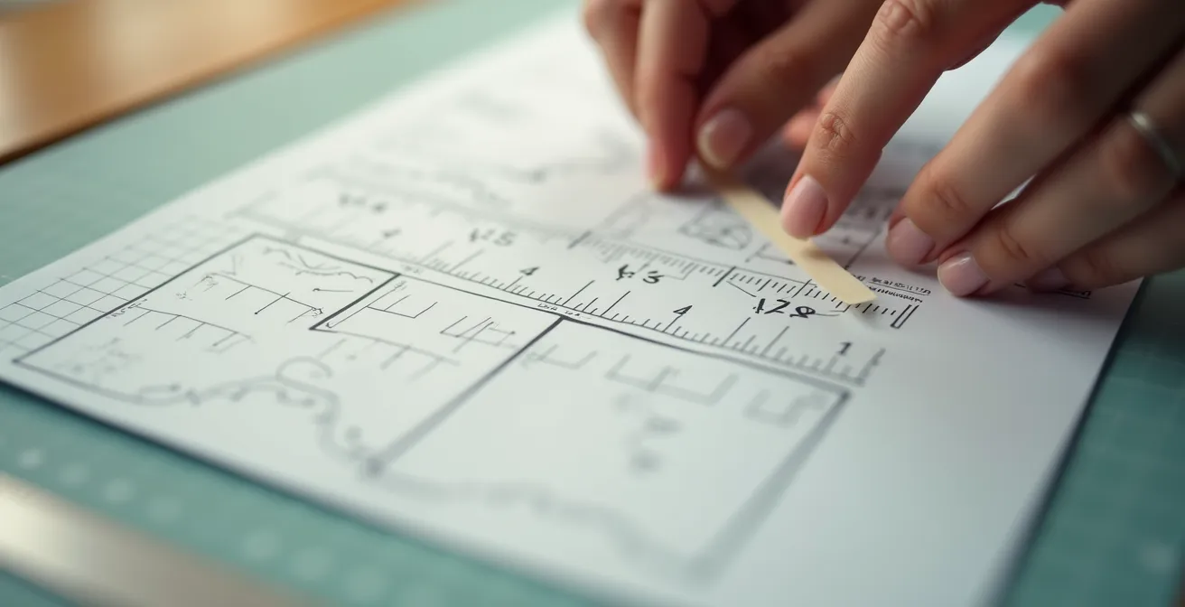 Mains assemblant minutieusement des feuilles A4 de patron avec scotch transparent, carré test visible et règle de mesure