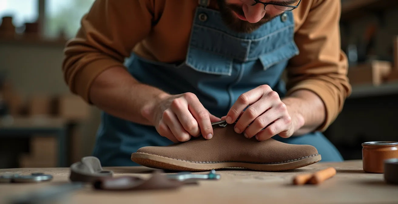 Artisan cordonnier moderne travaillant sur la semelle d'une basket éco-conçue dans son atelier parisien