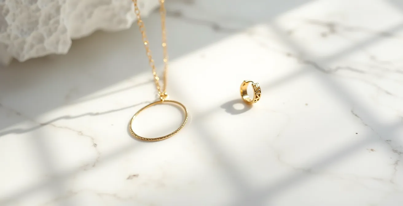 Composition minimaliste avec bijou éthique doré sur surface de marbre blanc