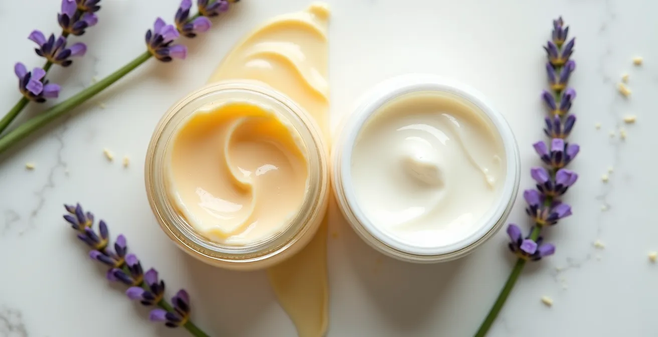 Vue macro de textures de crèmes cosmétiques naturelles avec emballages en verre et plastique