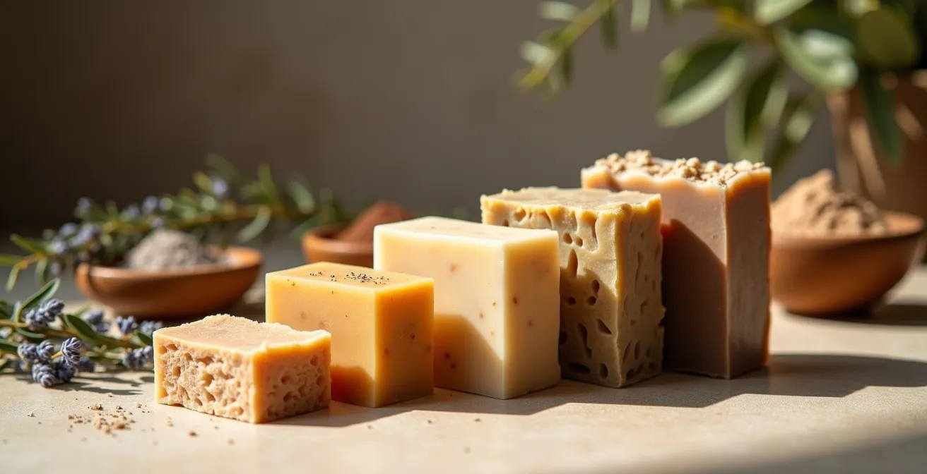 Savons artisanaux français de différentes textures disposés sur plateau de bois avec ingrédients naturels