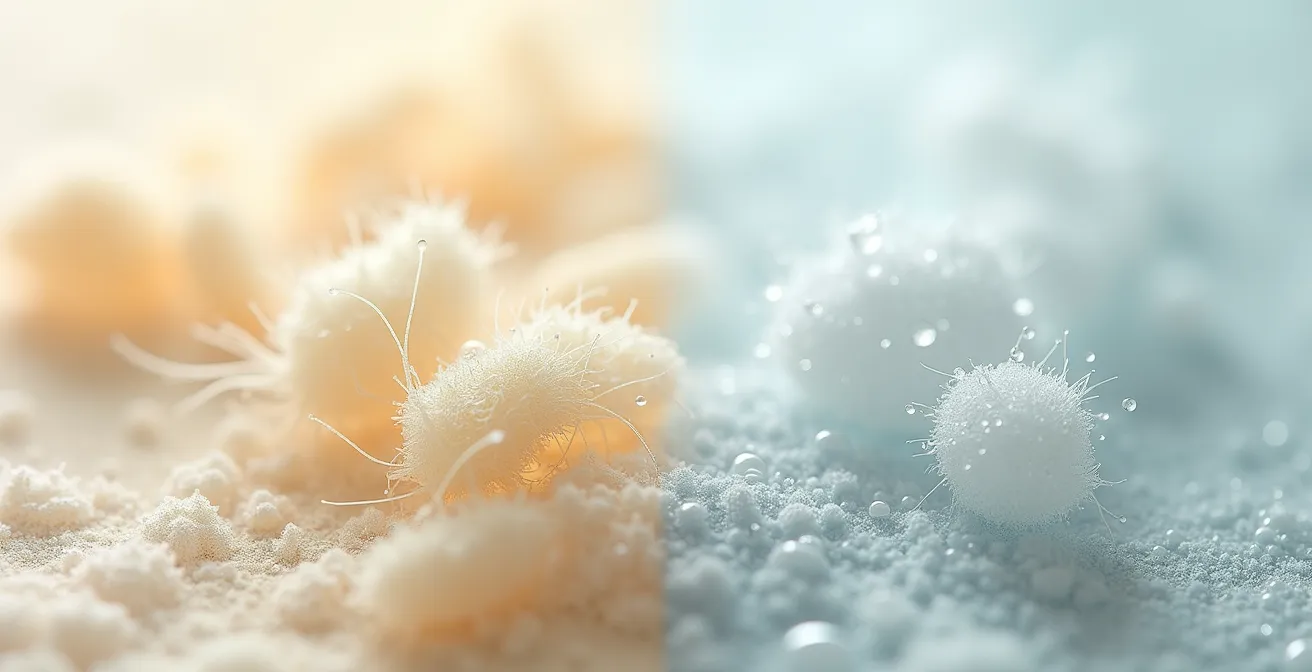 Vue macro comparative de fibres de coton bio et de polyester recyclé avec gouttelettes d'eau