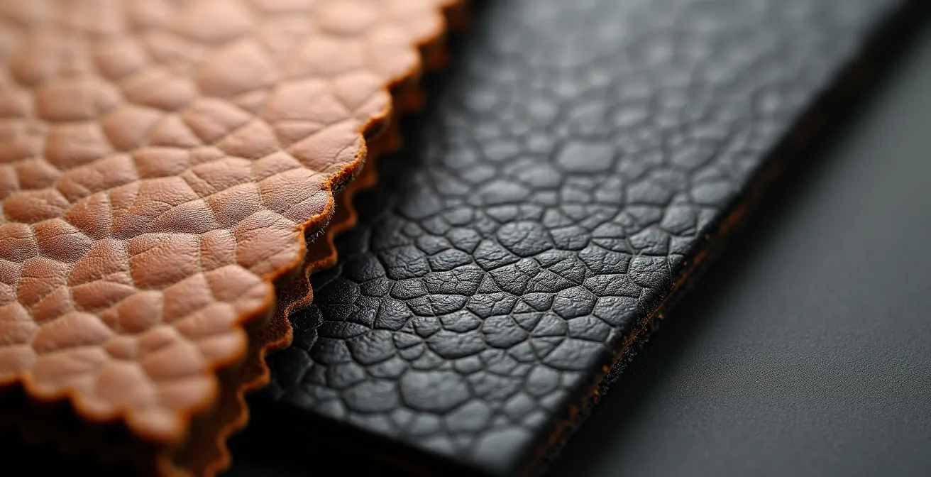 Gros plan sur les différences de texture entre cuir végétal premium et similicuir synthétique
