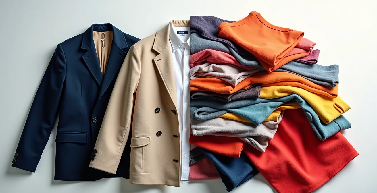 Composition montrant le contraste entre vêtements aux couleurs neutres durables et pièces tendance éphémères