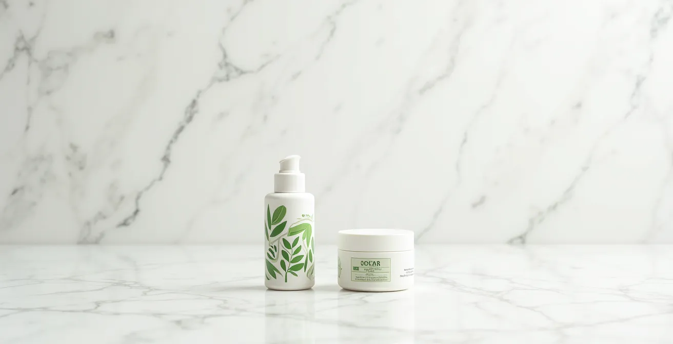 Composition minimaliste montrant le contraste entre produits clean beauty et bio certifiés