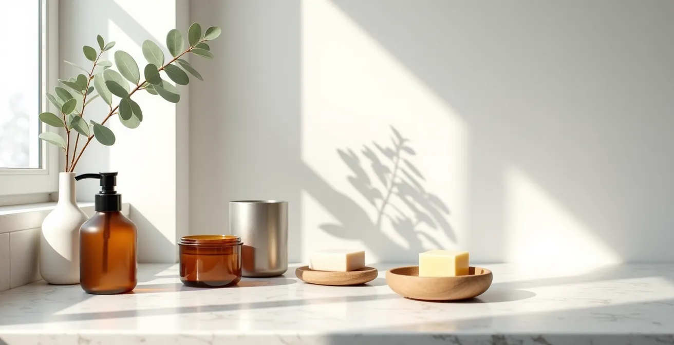 Salle de bain épurée avec cosmétiques solides dans contenants design