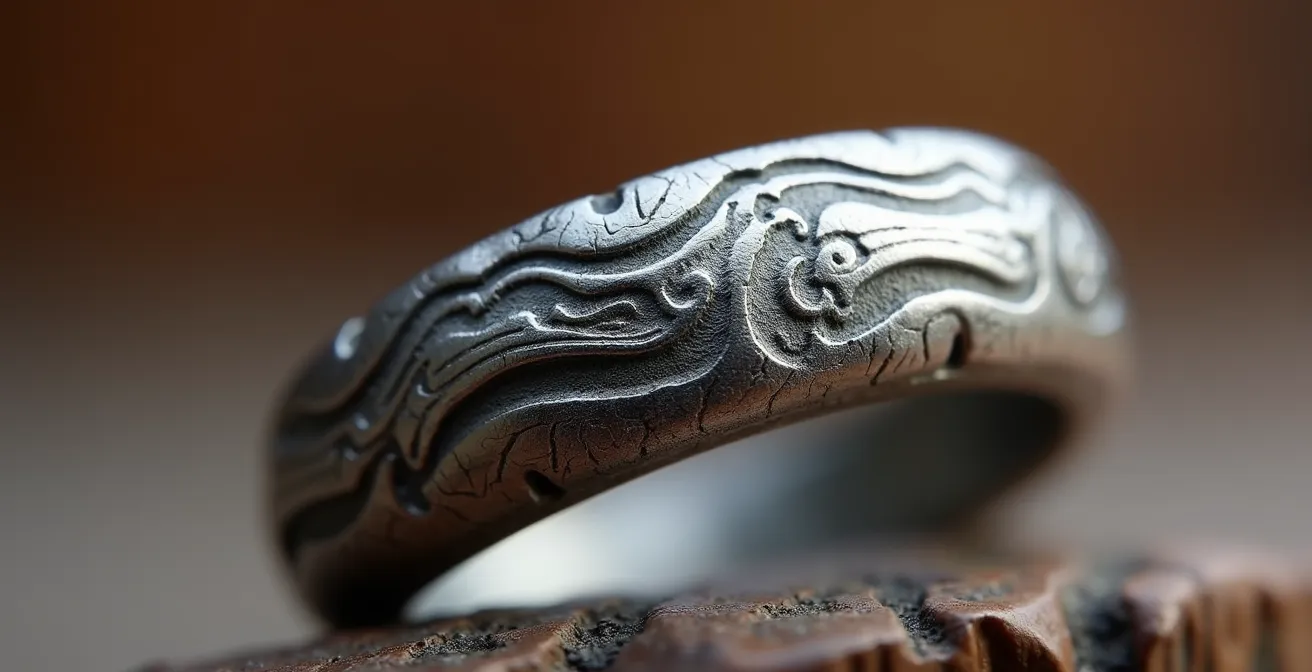 Détail macro d'un bijou artisanal montrant la texture martelée unique