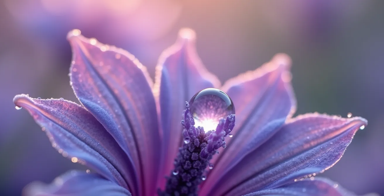 Vue macro d'une fleur de lavande bio avec goutte de rosée cristalline