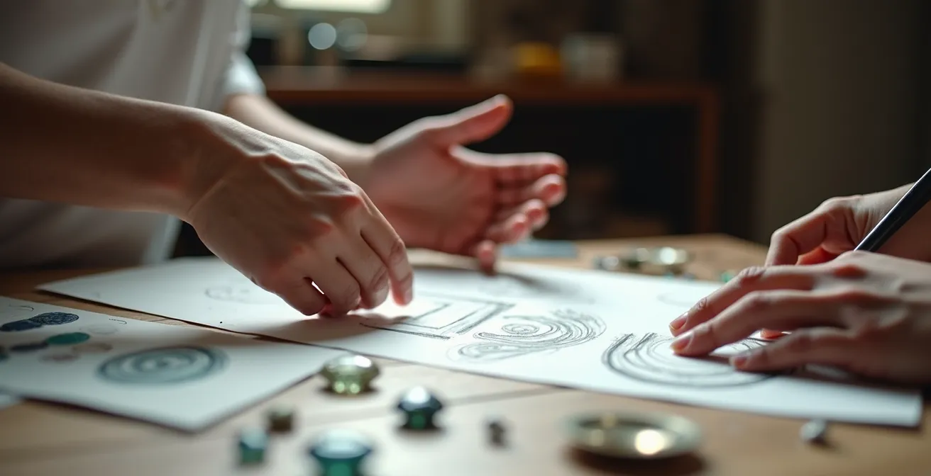 Échange créatif entre artisan et client autour de croquis et pierres d'inspiration