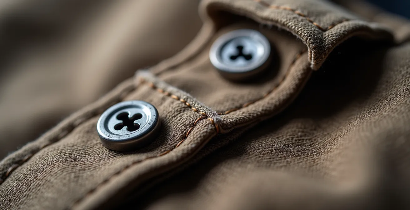 Gros plan macro sur les détails de construction d'un vêtement éco-conçu montrant des coutures démontables et des boutons vissés