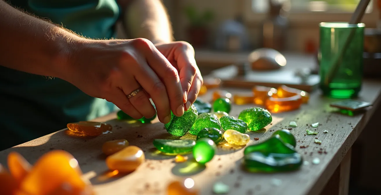Mains d'artisan travaillant le verre recyclé dans un atelier français