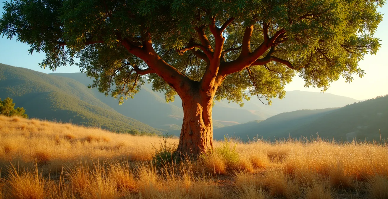 Écorçage traditionnel d'un chêne-liège au Portugal montrant le tronc rouge après récolte et la canopée verdoyante