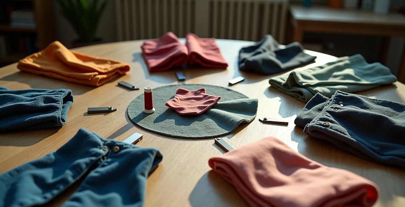 Vue d'ensemble d'un système de consigne de vêtements avec des bacs de tri et des espaces de réparation