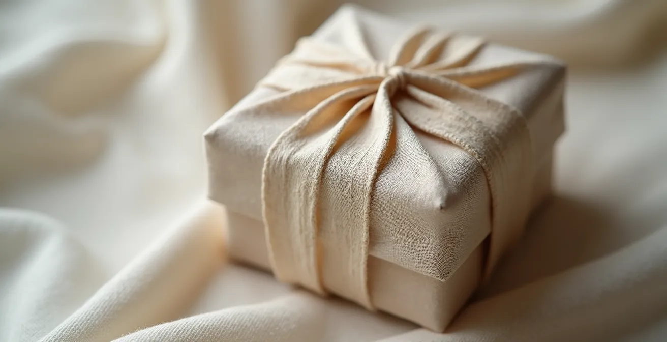 Bijou éthique enveloppé dans tissu de lin français façon furoshiki