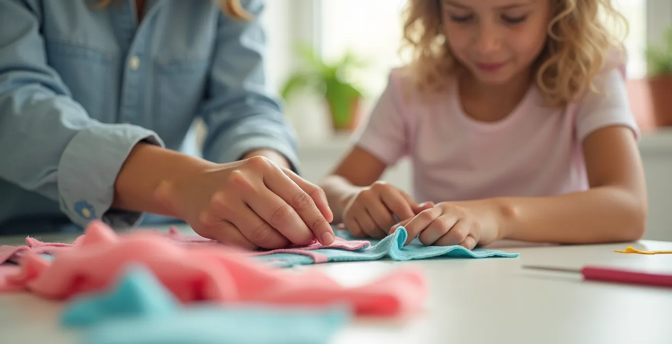 Mains d'enfant guidées par un adulte apprenant les premiers points de couture