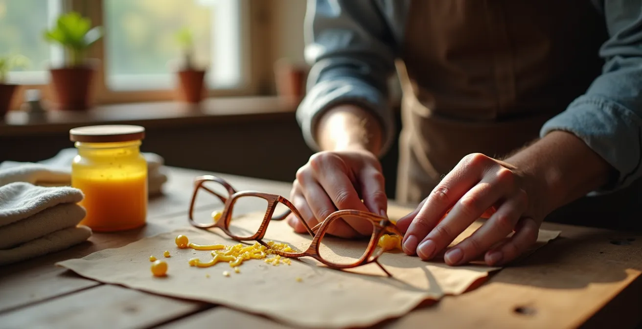 Application de cire d'abeille sur une monture de lunettes en bois avec des produits naturels d'entretien