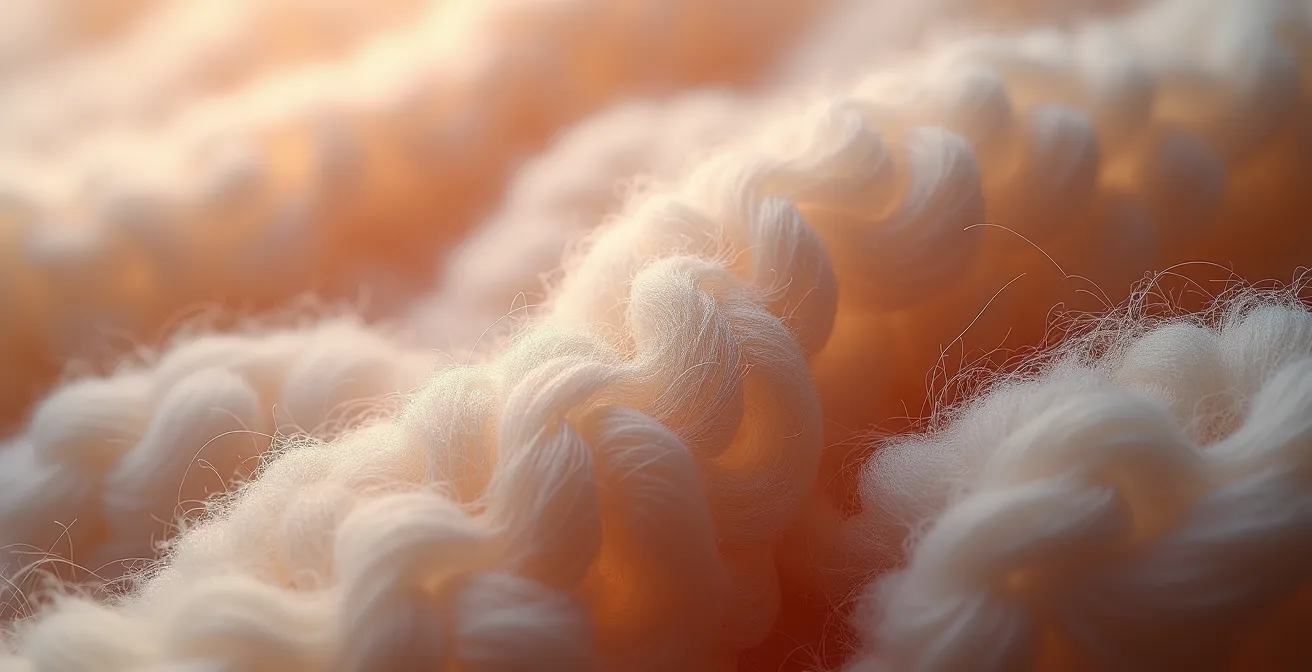 Détail macro de fibres de cachemire avec texture naturelle visible