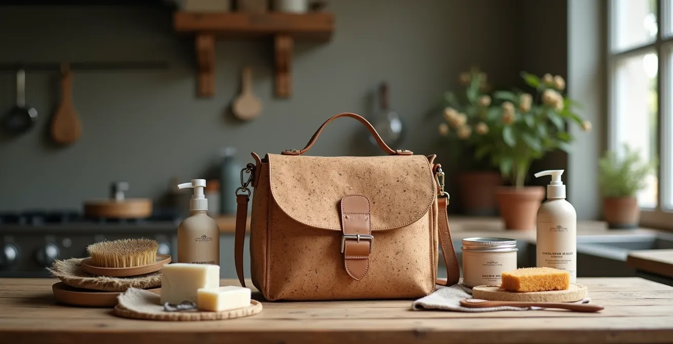 Matériel d'entretien naturel disposé autour d'un sac en liège texturé