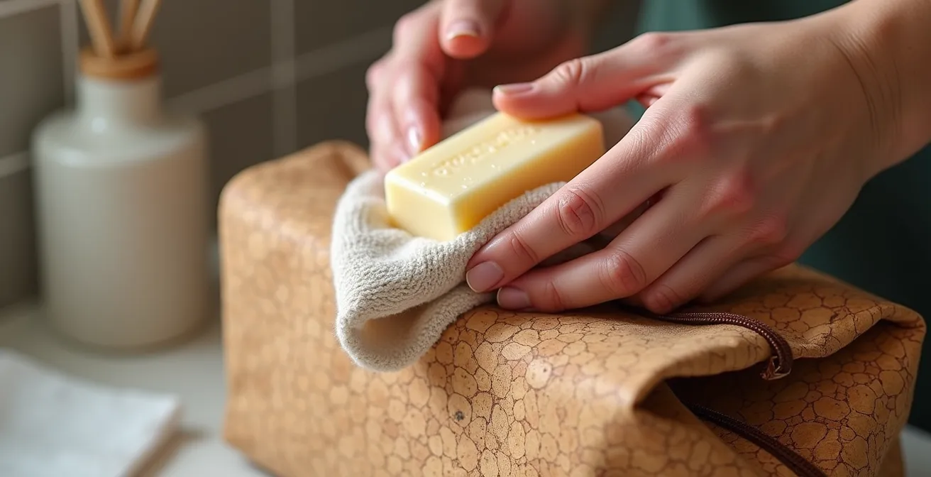 Mains nettoyant délicatement un sac en liège avec un pain de savon de Marseille et un chiffon naturel