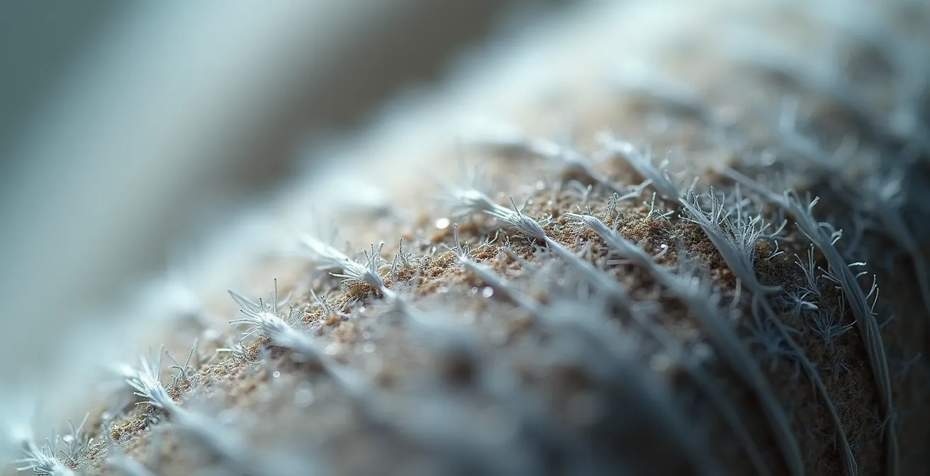 Vue macro d'une étiquette textile montrant les fibres et la qualité