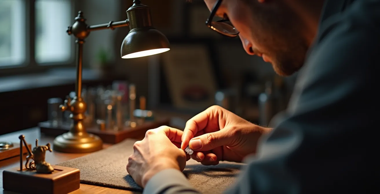 Expert gemmologue évaluant une bague de créateur éthique dans un atelier parisien