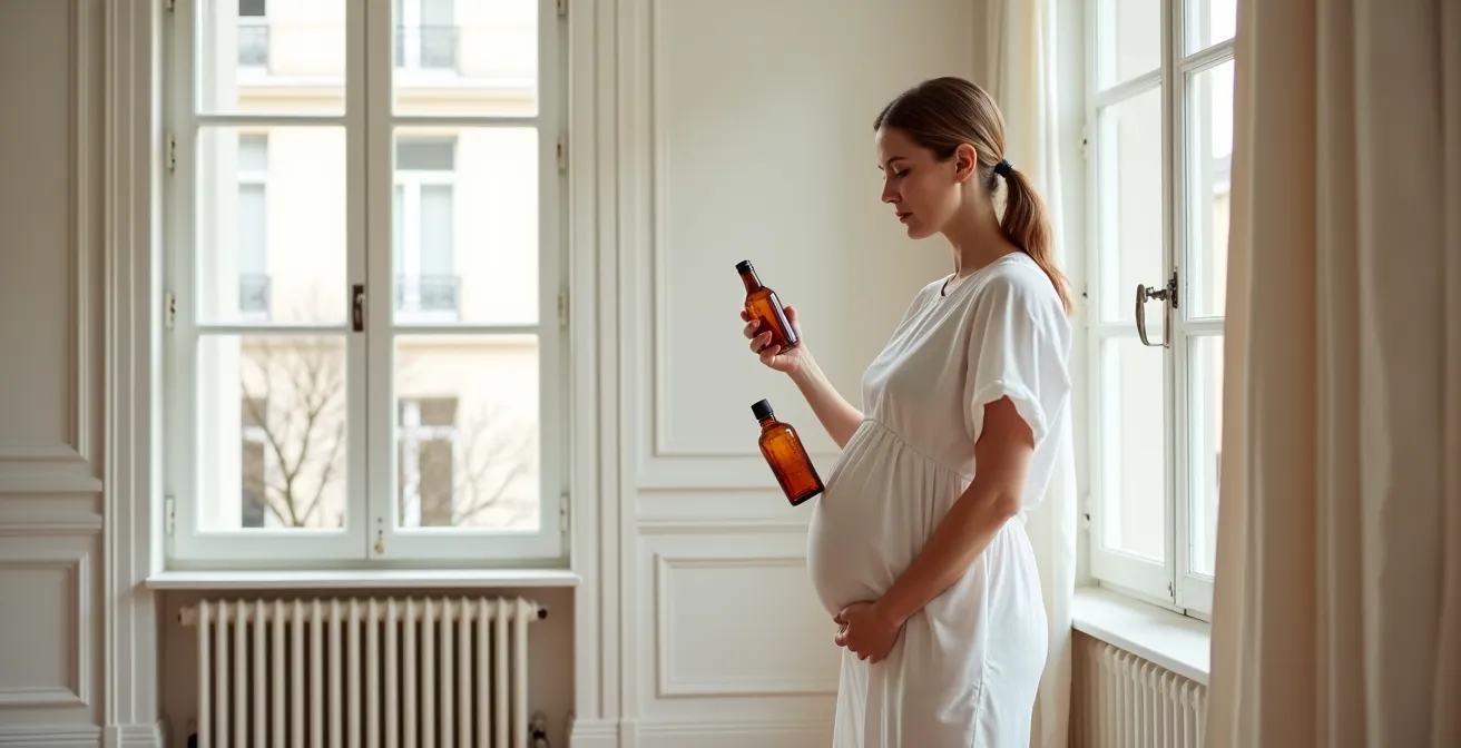 Femme enceinte dans un environnement apaisant avec des produits cosmétiques naturels sécurisés