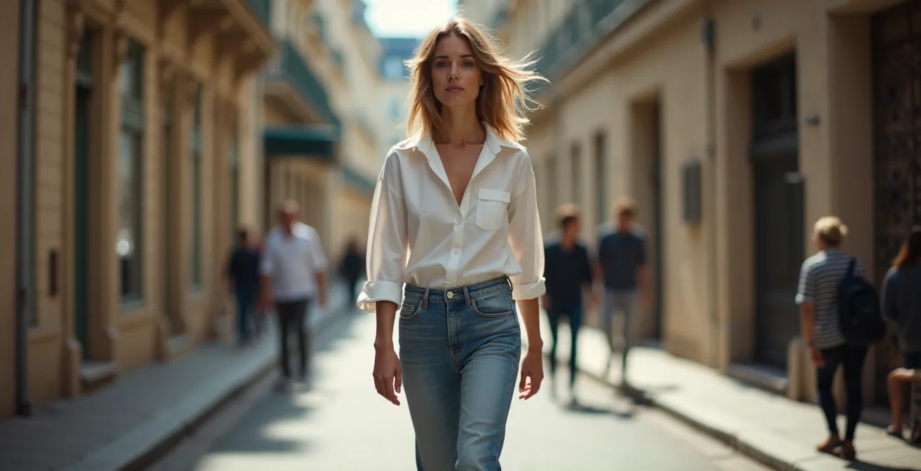 Portrait d'une femme au style parisien décontracté dans une rue de Paris