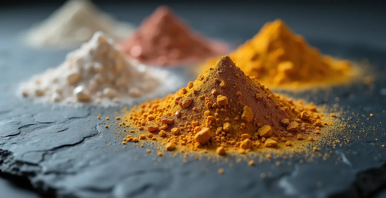 Macro détaillé de poudres de mica irisées avec texture cristalline visible