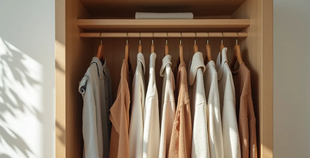 Garde-robe ouverte montrant un mélange harmonieux de pièces vintage et neuves éthiques