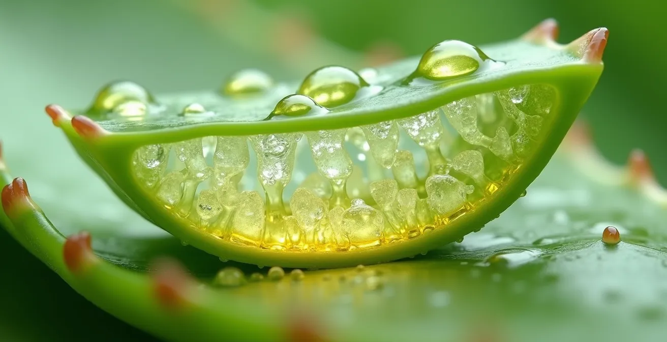 Texture macro du gel d'aloe vera montrant sa structure moléculaire humectante
