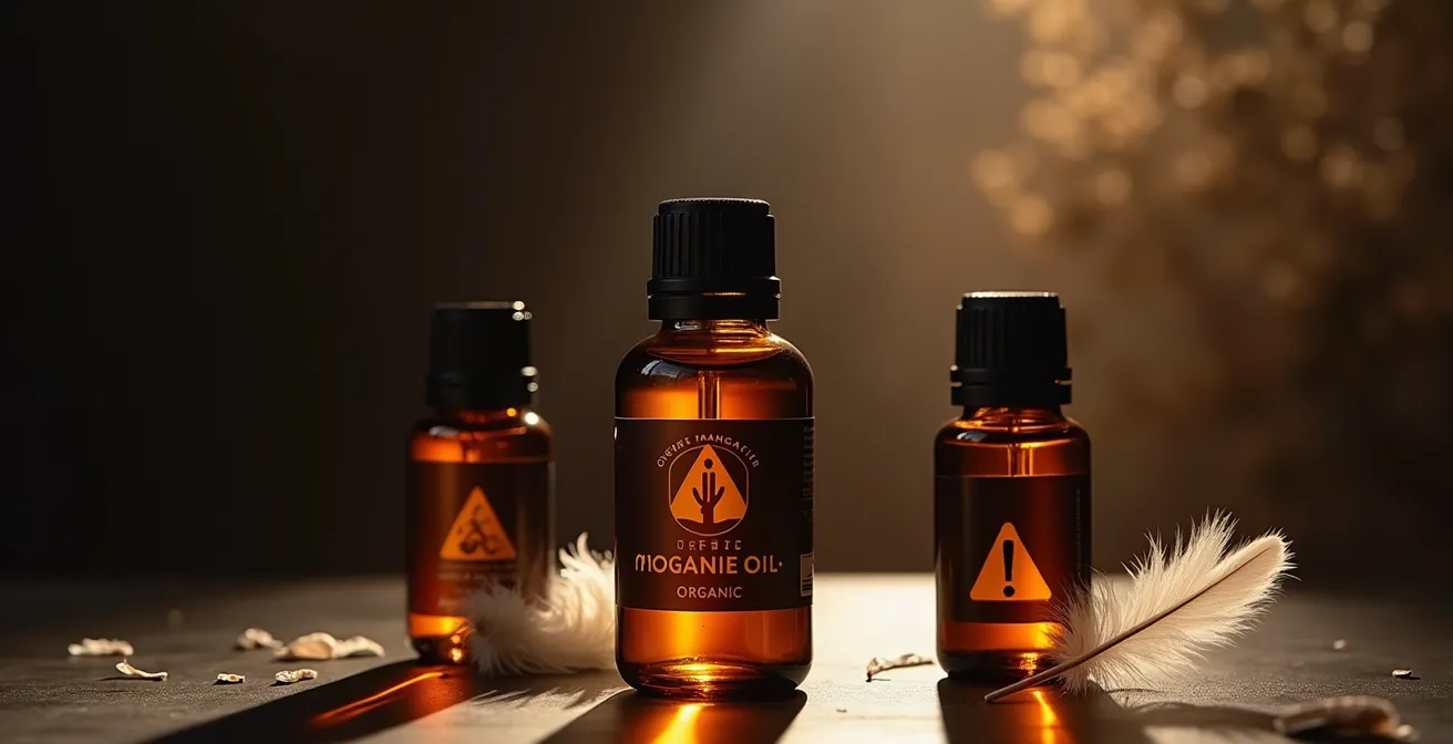 Composition symbolique montrant des flacons d'huiles essentielles bio avec des éléments visuels évoquant le danger pendant la grossesse