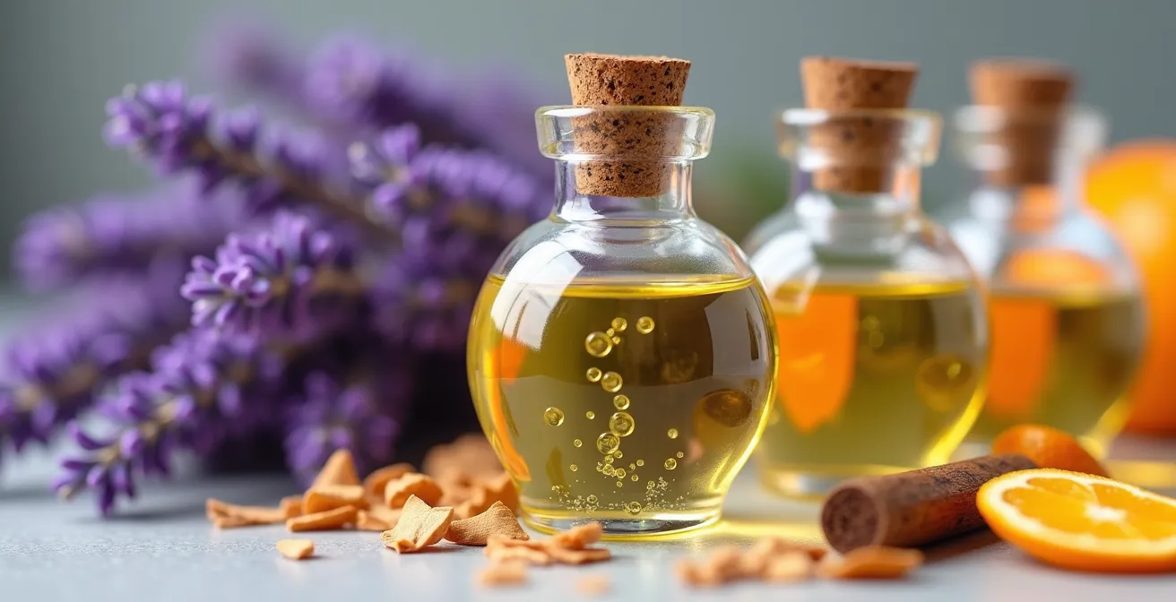 Flacons d'hydrolats de lavande et fleurs séchées alternatives aux huiles essentielles pour propriétaires de chats