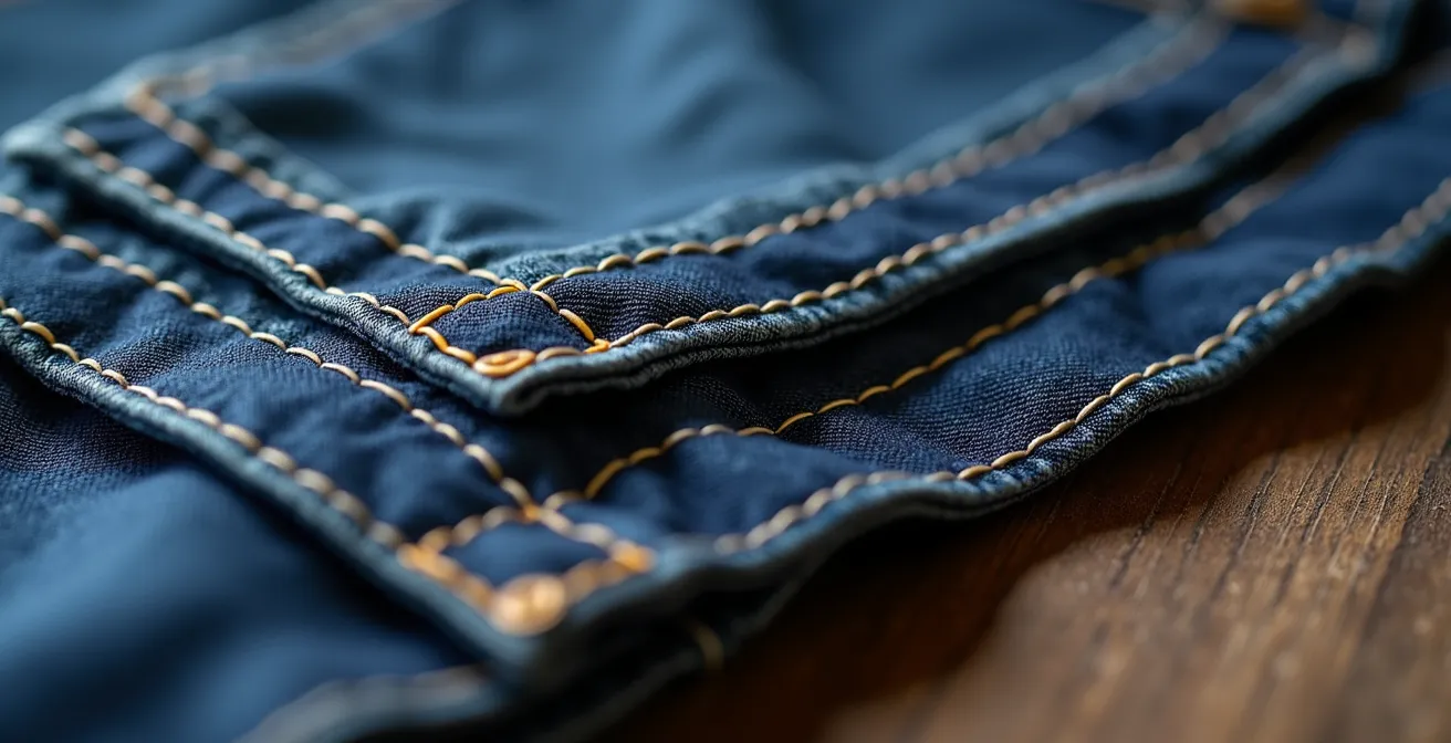 Gros plan sur les détails de qualité d'un jean brut avec coutures renforcées et texture de toile visible