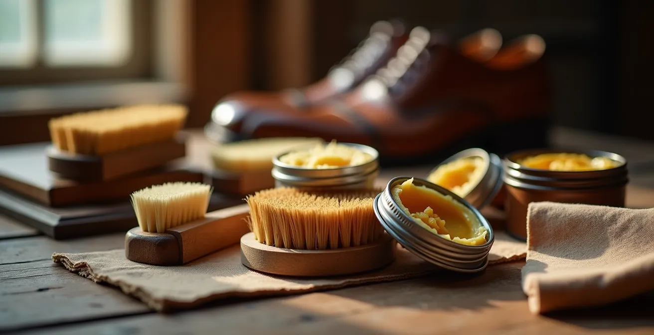 Kit d'entretien professionnel avec brosses en crin et produits Saphir disposés sur établi