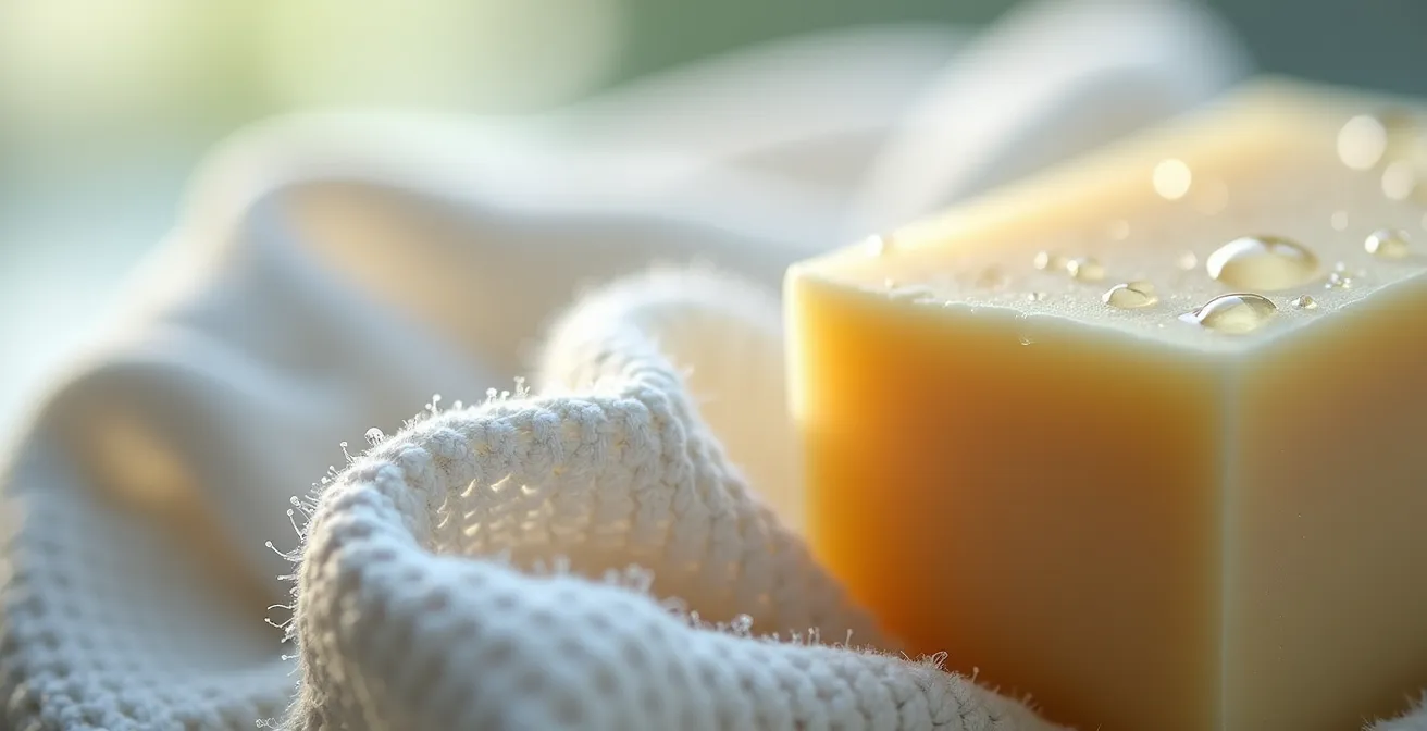 Gros plan macro sur les fibres de lin humides avec du savon de Marseille