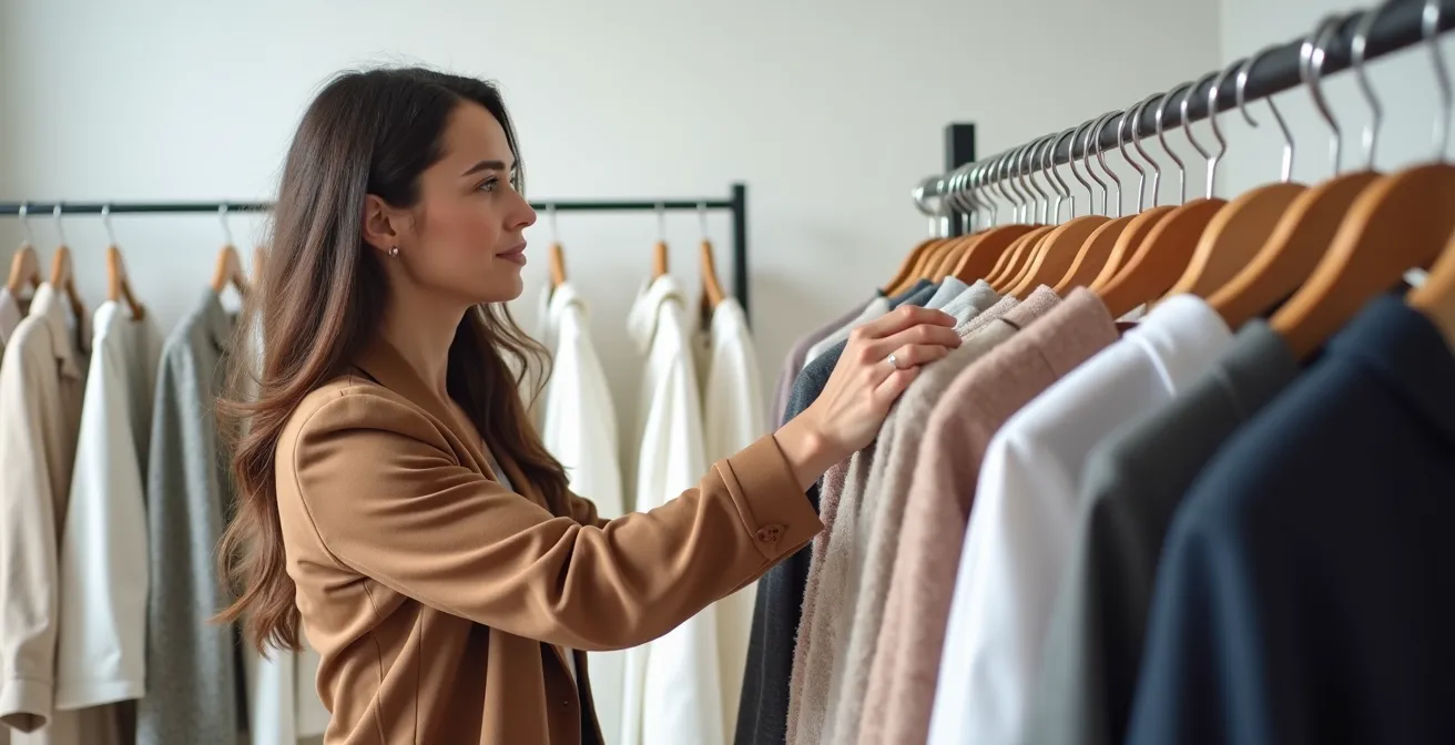 Intérieur d'un showroom de location de vêtements avec portants organisés par couleur, miroirs et espace d'essayage épuré