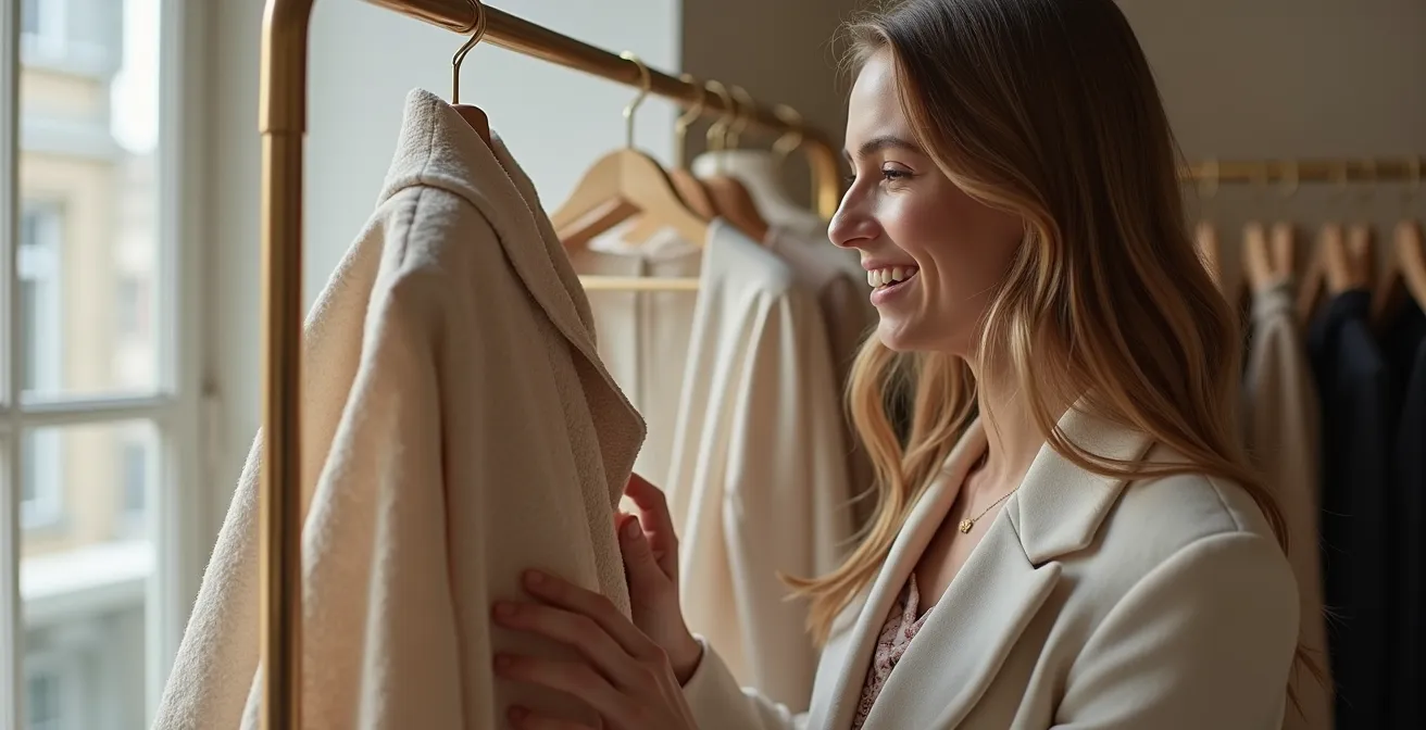 Espace showroom moderne avec portants de vêtements de créateurs et système de location numérique