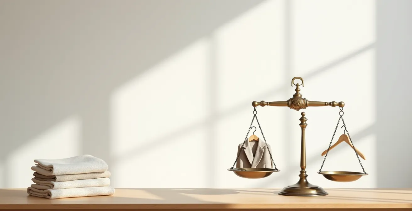 Composition minimaliste illustrant le choix économique entre location et achat de vêtements