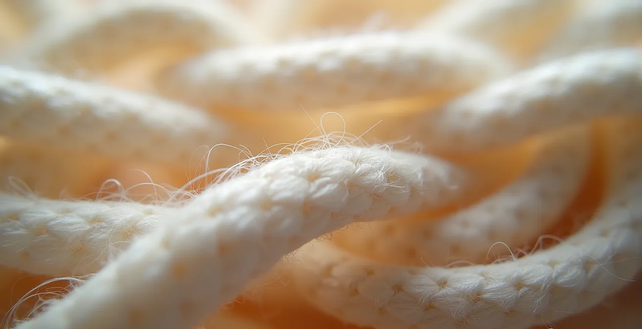 Détail macro de fibres mélangées lin et polyester montrant l'impossibilité de séparation