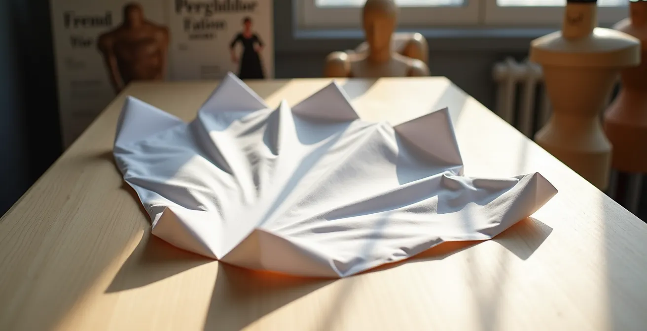 Patron de manche découpé et écarté en éventail sur table avec ciseaux et crayon, transformation visible du patron de base