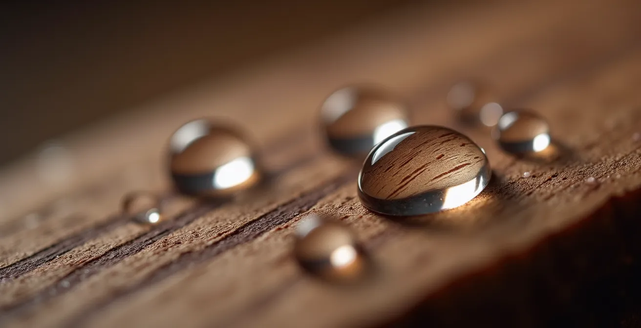 Gros plan sur une montre en bois avec des gouttes d'eau perlant sur sa surface traitée