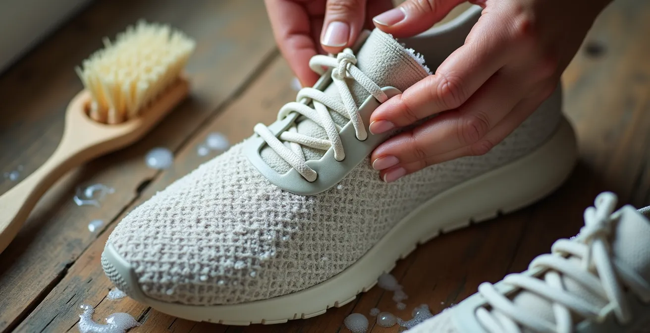 Mains nettoyant des baskets éco-responsables avec du savon de Marseille et une brosse en bois