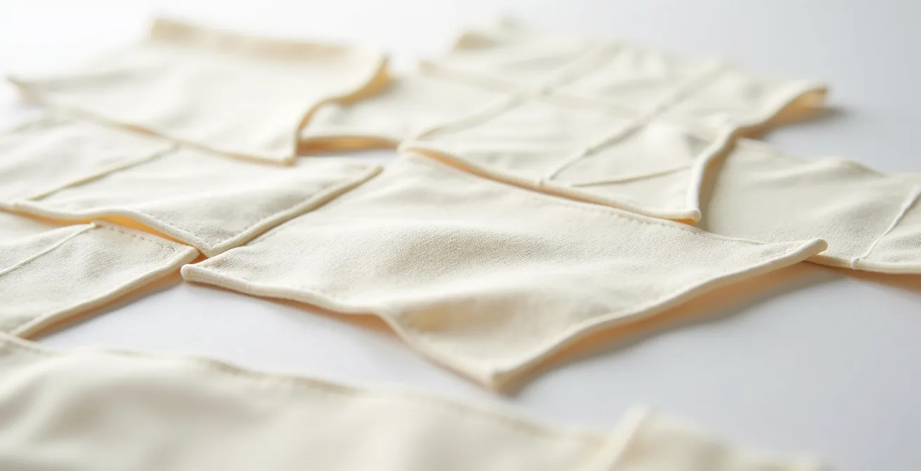 Vue macro d'un patron de couture zero-waste disposé comme un puzzle géométrique sur une table de coupe