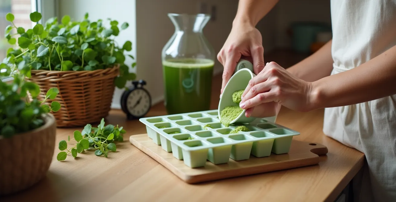 Organisation de batch cooking avec bacs à glaçons de lessive au lierre et matériel de cueillette