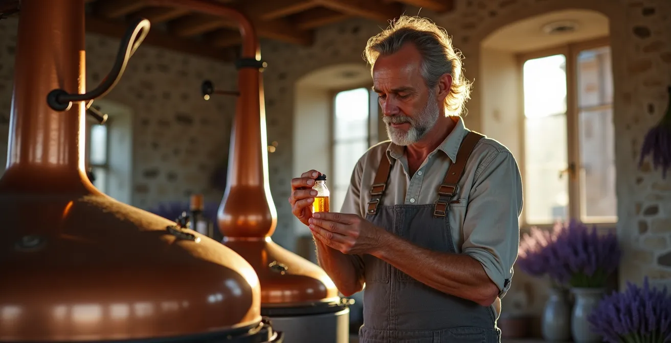 Producteur de lavande bio français travaillant à la distillation artisanale dans son exploitation