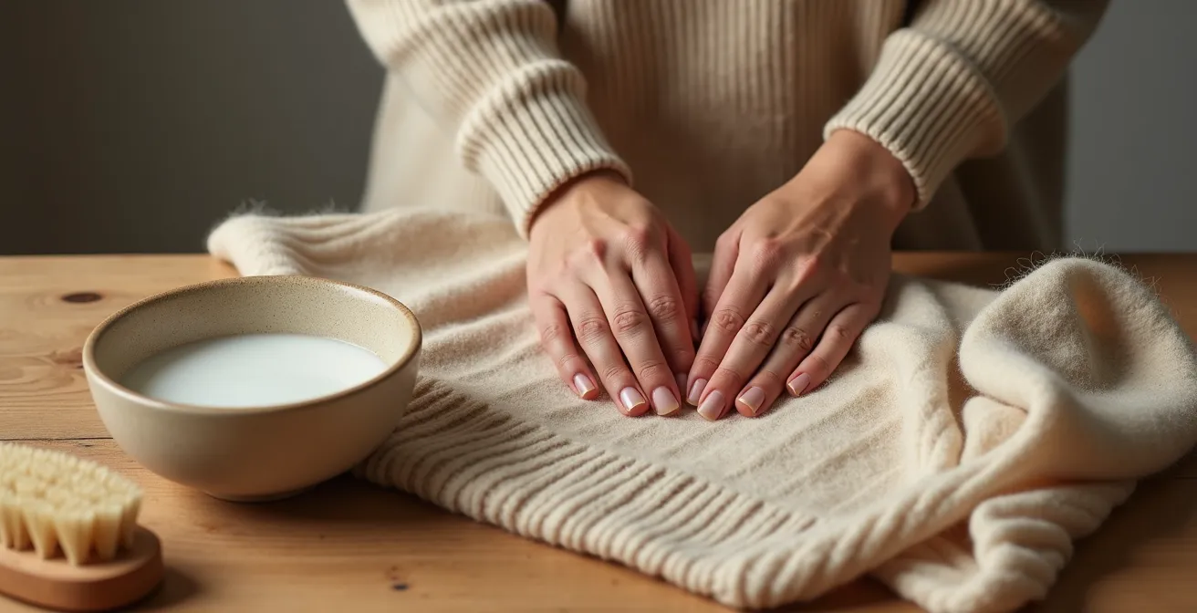 Pull en cachemire posé délicatement sur une surface en bois avec accessoires d'entretien
