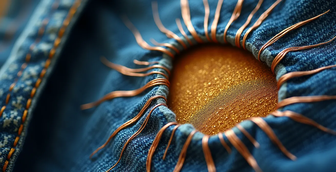 Détail d'un jean avec trou transformé en motif floral brodé aux fils dorés
